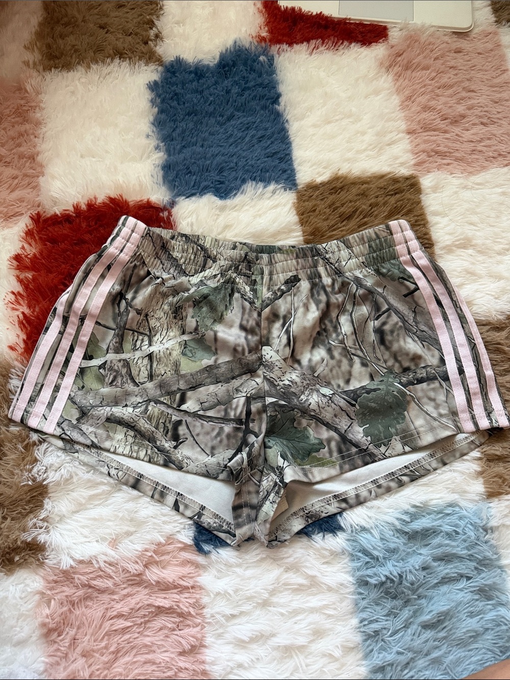 Edikted Women’s Camo Athletic Shorts with Pink Stripes